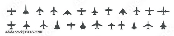 Fototapeta Set of jet plane, top view icons. Black silhouette airplanes, jets, airliners and retro planes. Isolated vector illustration