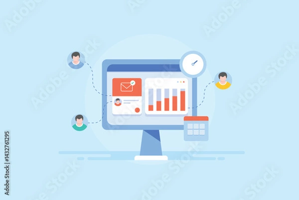 Fototapeta Email automation interface display audience overview, campaign status report and performance KPI metrics.