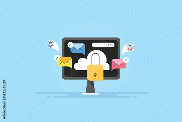 Fototapeta Encrypted email message, cloud security concept. Data privacy.