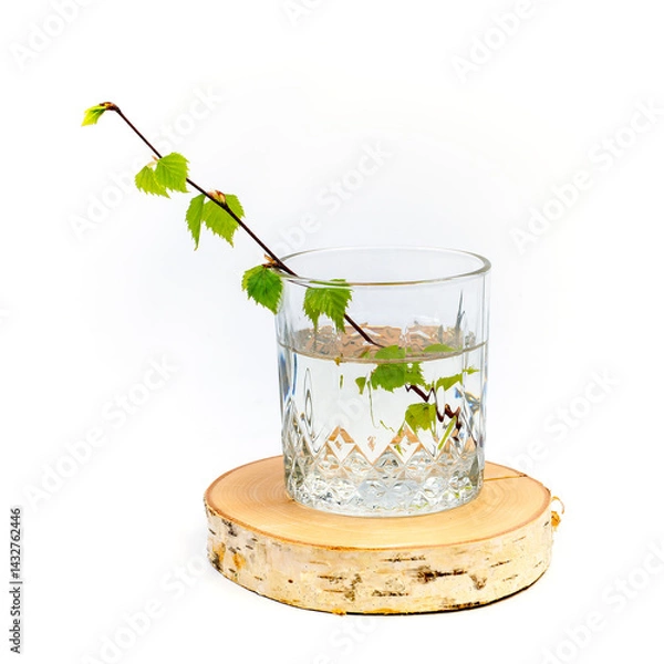 Obraz A glass of birch sap and a birch branch with young leaves on a wooden birch coaster on a white background