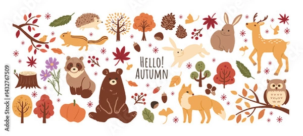 Obraz 秋のかわいい動物のイラストのセット