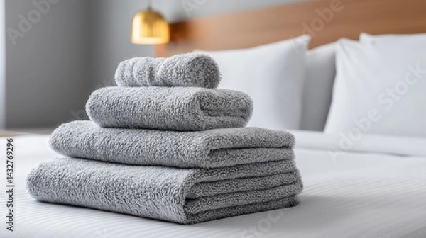 Fototapeta A stack of fresh, folded hand and bath towels on a neatly made hotel bed - lifestyle comfort travel