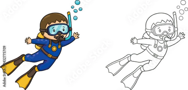 Fototapeta Underwater Adventurer's: An illustration of a young explorer gracefully descends into the deep blue sea. Dressed in a wetsuit and equipped with a mask, snorkel, and fins.