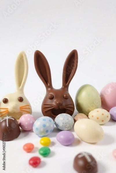 Fototapeta A festive arrangement of four brown chocolate bunnies with pink ears and a mix of pastel and speckled Easter eggs is set against a white background