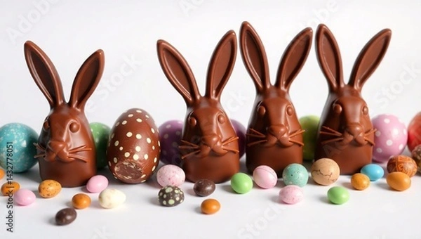 Fototapeta The image features four brown chocolate bunnies with distinctive pink ears surrounded by a variety of pastel and speckled Easter eggs on a plain white background