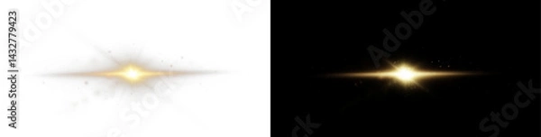 Obraz Light rays of light horizontal golden color with glare and flashes isolated on a transparent background. Light star gold png. Light sun gold png. Light flash gold png. Powder png.	