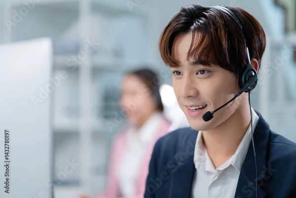 Fototapeta Portrait of smiling Businessman or Asian female operator speaking with client via headset,computer and talking in call center for contact us,help and online advice,engaging in communication concept