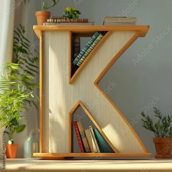 Fototapeta render of a wooden letter K in a library with bookshelves