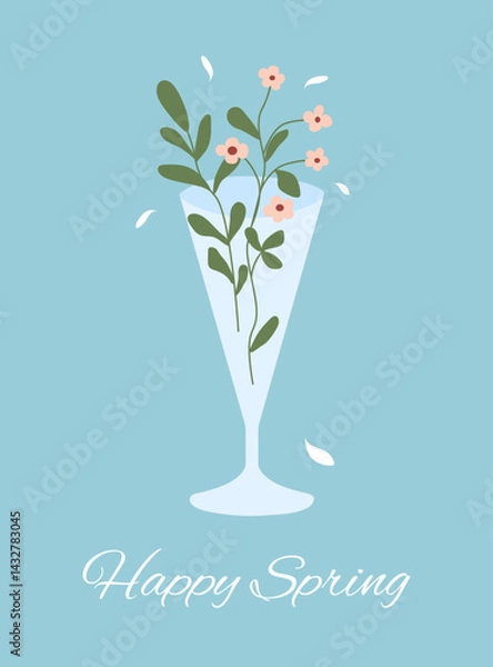 Fototapeta Abstract spring flowers in champagne, wine drinking glass. Spring flower drink. Element for design of poster, social media, banners, invitation. Trendy spring card template.