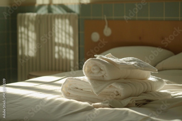 Fototapeta Fresh white towels neatly folded on a sunlit bed in a cozy hotel or spa room, evoking comfort, cleanliness, and hospitality.