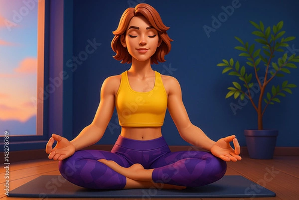 Obraz Animated woman practicing meditation indoors during a serene sunset.