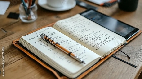 Fototapeta Closeup of pen on papers in office basket neutral colors calm workspace