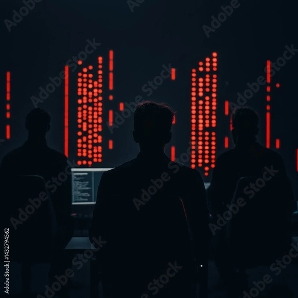 Fototapeta Silhouettes of Programmers in a Dark Room with Red Digital Data Streams