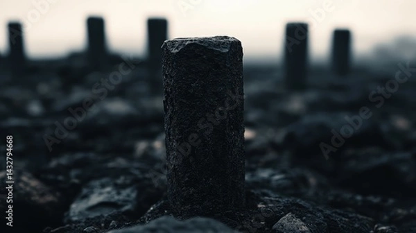 Fototapeta Dark Essence of Nature’s Remains in Eerie Foggy Landscape at Dawn