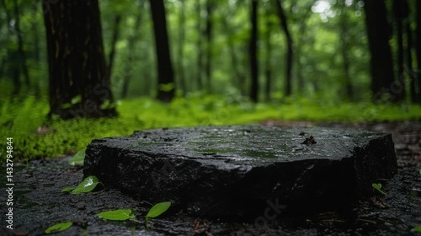 Fototapeta Dark Stone on Wet Ground Surrounded by Green Foliage in Forest Scene