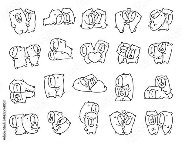 Fototapeta Capybara couple cartoon characters in love hugging kissing sleeping cuddling holding hearts in cute kawaii romantic outline style