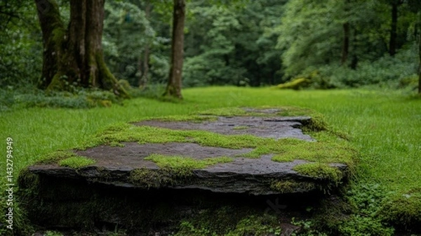 Fototapeta Moss-Covered Stone Pathway in Lush Green Forest Setting