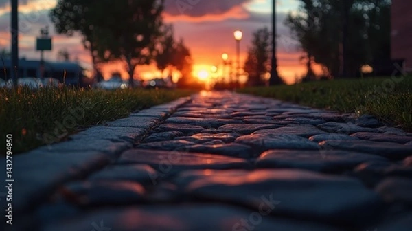 Fototapeta Serene Sunset Pathway with Cobblestones and Lush Grass at Dusk