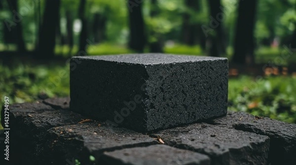 Fototapeta Textured Black Stone Block on Rough Surface Surrounded by Nature