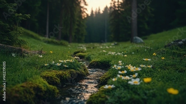 Fototapeta Serene Stream Flowing Through Lush Green Meadow With Wildflowers