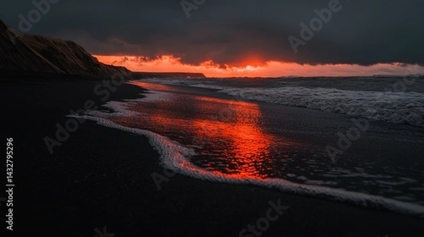 Obraz Dramatic Sunset Reflection on Black Sand Beach Under Dark Cloudy Sky