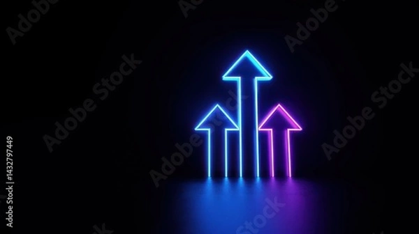 Obraz Neon glowing blue and purple arrows point upwards on a black background, symbolizing success achievement, progress, and business victory