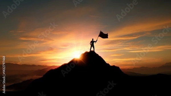 Obraz A silhouette of a man on top of a mountain holding a flag against a sunset sky, representing business victory, success achievement, and reaching new heights
