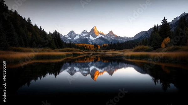 Fototapeta A breathtaking view of snow-capped mountains reflected in a crystal-clear lake, with the early morning sun 