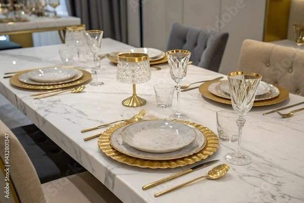 Obraz Large dining table with white marble set with gold tableware