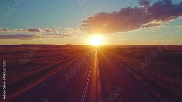 Fototapeta Aerial view of endless highway stretching into horizon under golden sunset, symbolizing boundless opportunities and journey to success. Road trip, travel adventure and freedom concept.
