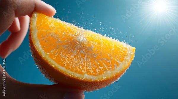 Fototapeta Nahaufnahme einer saftigen Orangenscheibe mit Wassertropfen vor blauem Hintergrund