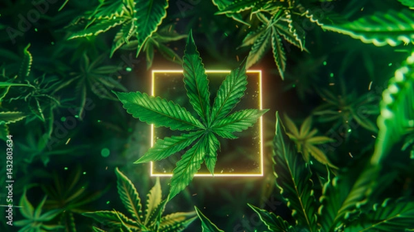 Fototapeta Cannabis leaf in front of a neon colored square with blurred cannabis leaves in the background