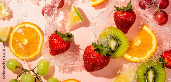Fototapeta "Flatlay of various summer fruits — strawberries, kiwi, oranges, and grapes
