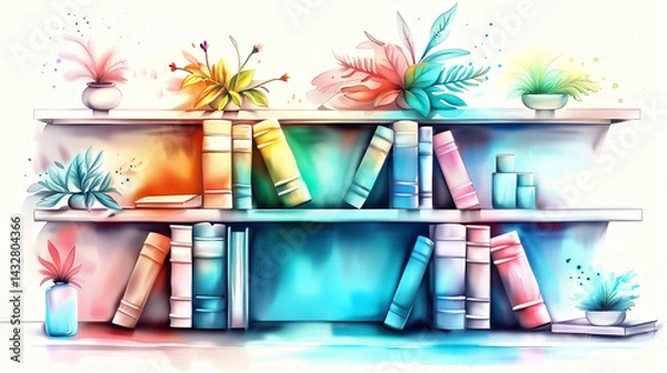 Fototapeta Soft watercolor illustration of a bookshelf with colorful books and plants on a white background, artistic brush strokes