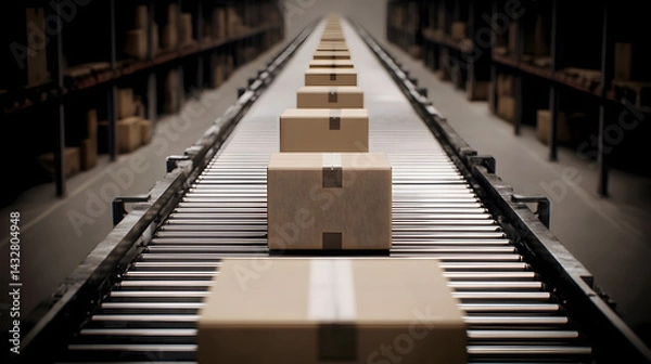 Fototapeta A close-up shot of cardboard boxes on the conveyor belt, representing logistics, packaging, and the flow of goods in a warehouse or production environment.
