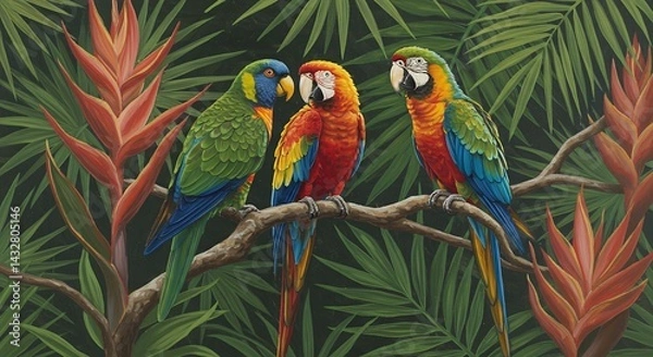 Fototapeta Colorful parrots in lush tropical jungle