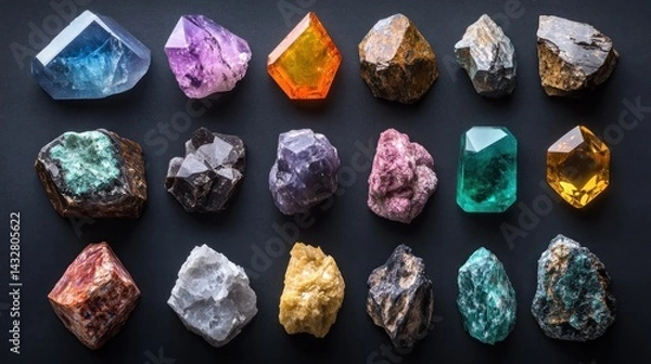 Fototapeta Collection of various colorful gemstones and crystals on dark background.