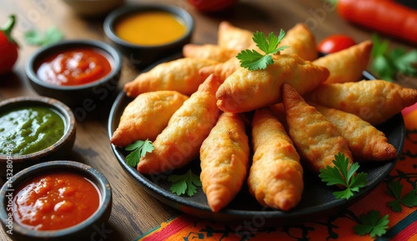 Fototapeta Delicious Indian samosas with various sauces on a rustic table