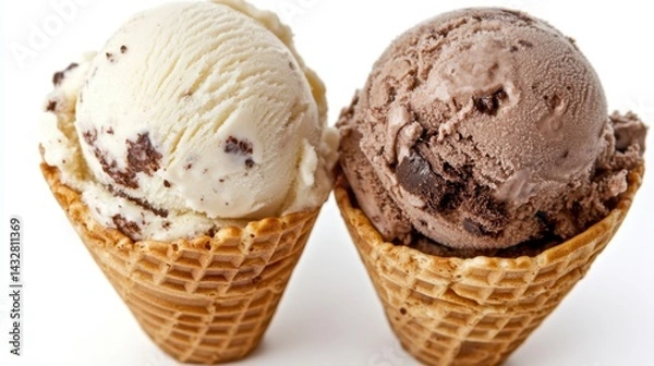 Obraz Delicious ice cream cones on a white background featuring vanilla and chocolate flavors showcasing sweet indulgence and summer treat with a clean studio shot