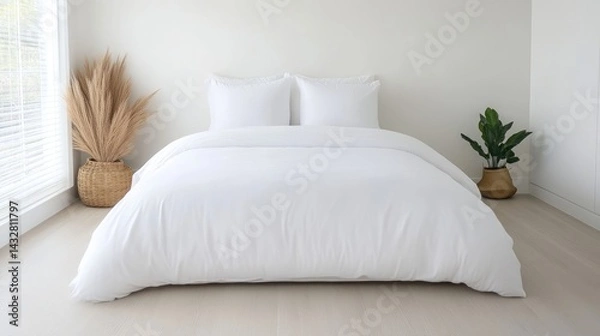 Fototapeta A pristine white bed with pillows, plants, and a window in a bright room.