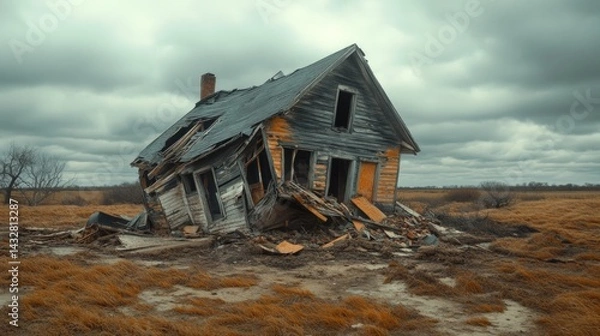 Fototapeta Abandoned, dilapidated farmhouse in a field under a stormy sky