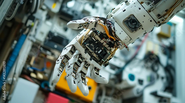 Obraz A robotic manipulator with ultra sensitive feedback, adjusting components in a high-tech workspace, High-tech style