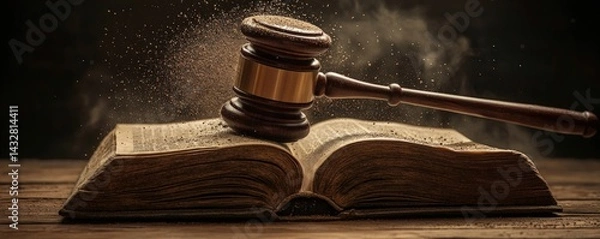 Fototapeta Gavel resting on ancient book