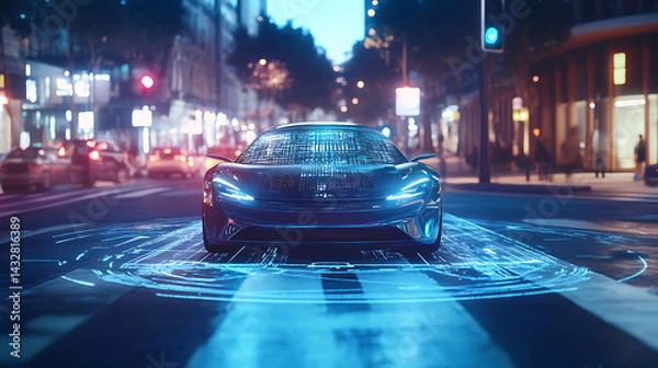Obraz A self driving car navigating a smart city intersection, augmented reality interface displaying real-time traffic data, High-tech style