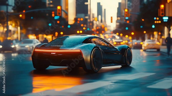 Fototapeta A self driving car navigating a smart city intersection, augmented reality interface displaying real-time traffic data, High-tech style