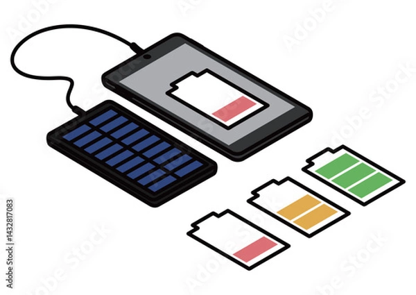 Obraz スマホ充電とバッテリー残量アイソメイラスト