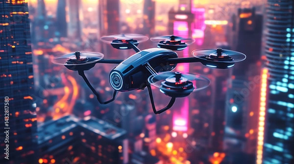 Fototapeta A sleek AI powered drone hovering in a futuristic cityscape at dusk, neon-lit skyscrapers reflecting on its metallic body, High-tech style
