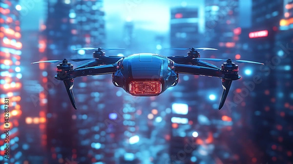 Fototapeta A sleek AI powered drone hovering in a futuristic cityscape at dusk, neon-lit skyscrapers reflecting on its metallic body, High-tech style