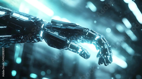 Obraz A sleek robotic arm with a luminescent outline, floating in a digitalized environment, High-tech style