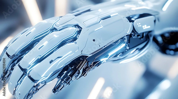 Fototapeta A sleek robotic arm with a luminescent outline, floating in a digitalized environment, High-tech style